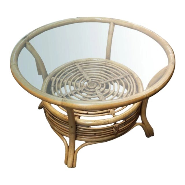 Restored Round Two-Tier Rattan Spiral Coffee Table With Glass Top (1 of 5)