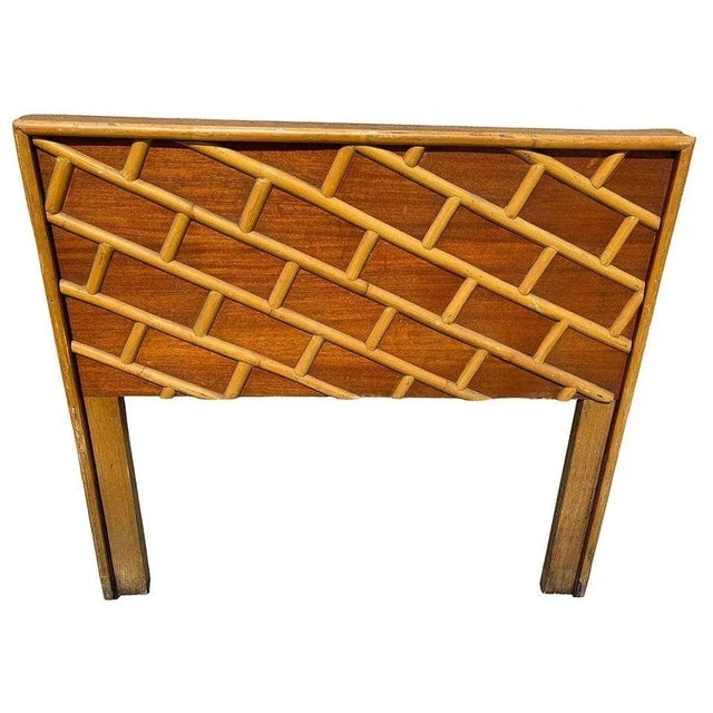 1950s Restored Mid-Century Geometric Brick Pattern Rattan & Mahogany Twin Size Headboard - 2