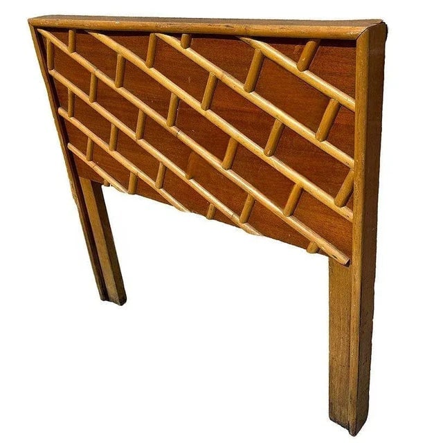 1950s Restored Mid-Century Geometric Brick Pattern Rattan & Mahogany Twin Size Headboard - 3