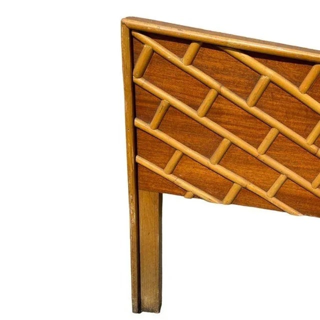 1950s Restored Mid-Century Geometric Brick Pattern Rattan & Mahogany Twin Size Headboard - 4