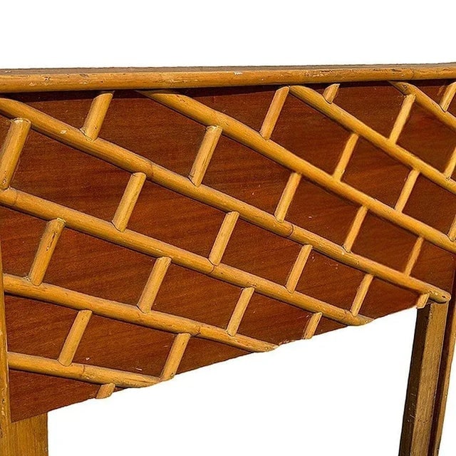 1950s Restored Mid-Century Geometric Brick Pattern Rattan & Mahogany Twin Size Headboard - 5