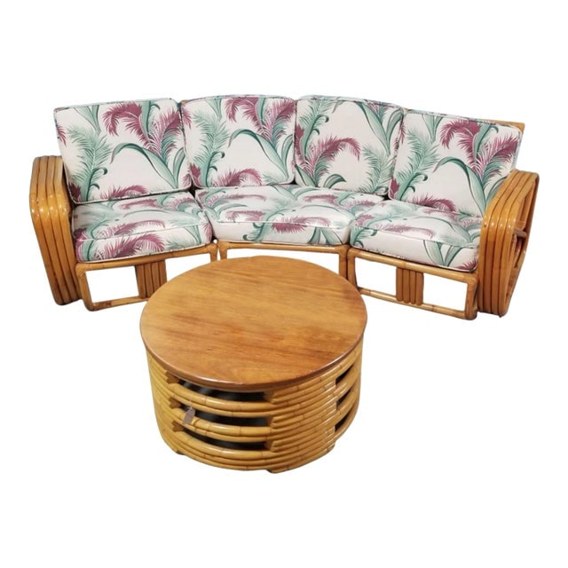 Restored 5 Piece Rattan Livingroom Set W/ Corner Sofa, Coffee & Side Table: Title: Restored 5 Piece Rattan Livingroom Set W/ Corner Sofa, Coffee & Side Table Description: Mid-Century restored rattan living room set featuring a 3-piece sectional sofa with square pretzel arms,