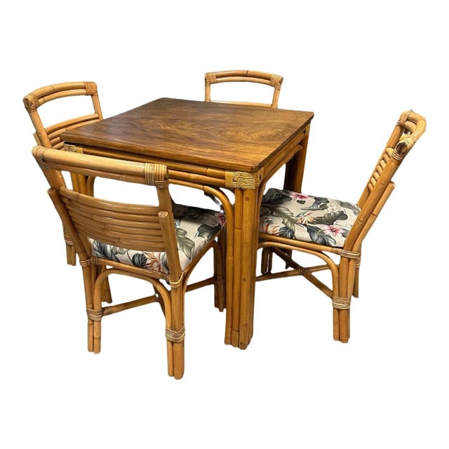 Restored Rattan Sapele Ribbon Mahogany Square Dining Table With Stacked Rattan Chairs (1 of 8)