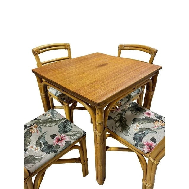 Restored Rattan Sapele Ribbon Mahogany Square Dining Table With Stacked Rattan Chairs - 2
