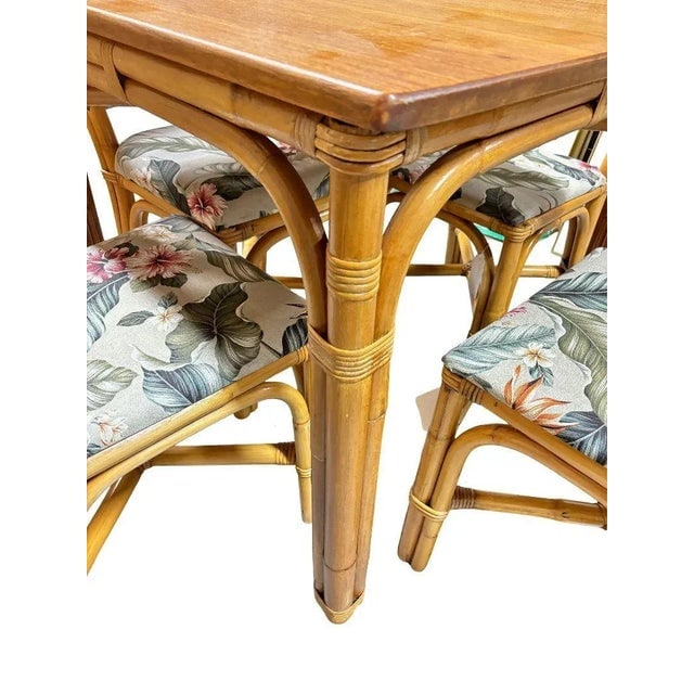 Restored Rattan Sapele Ribbon Mahogany Square Dining Table With Stacked Rattan Chairs - 3