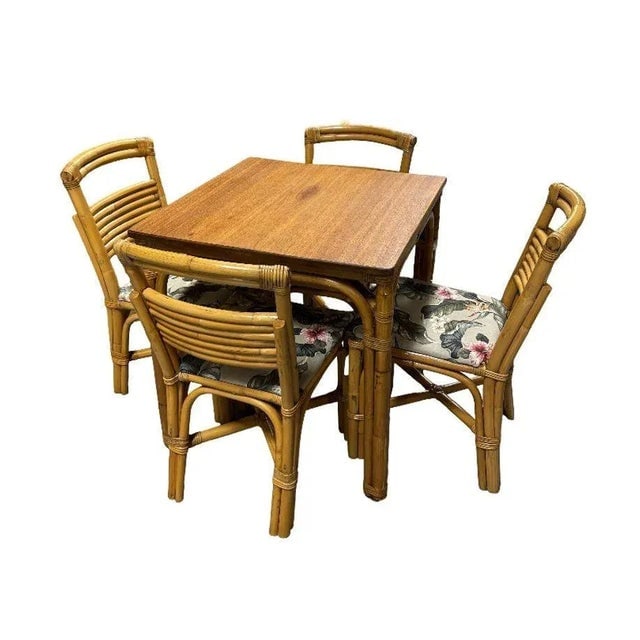 Restored Rattan Sapele Ribbon Mahogany Square Dining Table With Stacked Rattan Chairs - 4