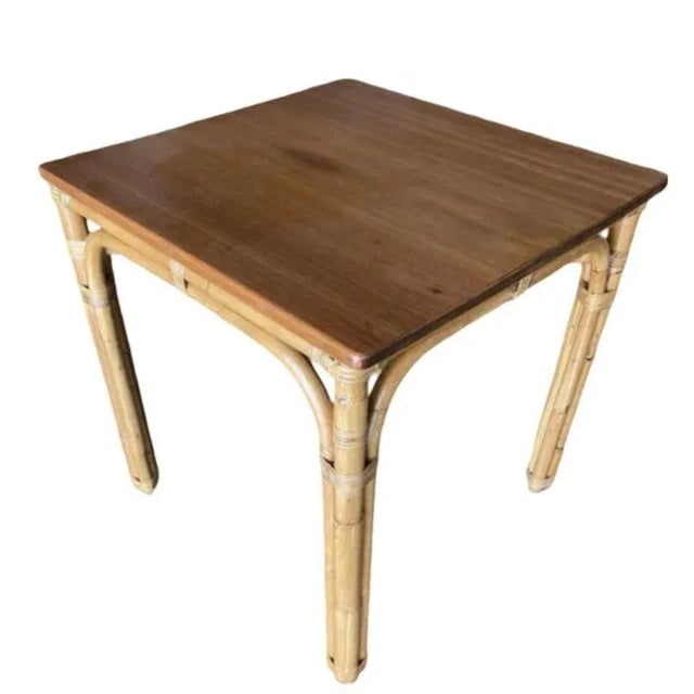 Restored Rattan Sapele Ribbon Mahogany Square Dining Table With Stacked Rattan Chairs - 7