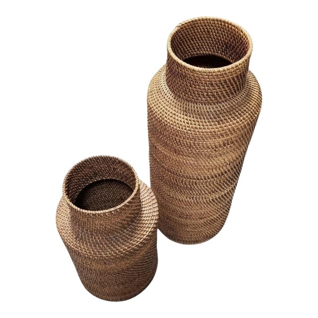 1970s Restored Gabriella Crespi Style Reed Rattan Wicker Decorative Vases- Set of 2: Title: 1970s Restored Gabriella Crespi Style Reed Rattan Wicker Decorative Vases- Set of 2 Description: Pair of two Gabriella Crespi-styled decorative floor vases made from stacked reed pencil rattan 
