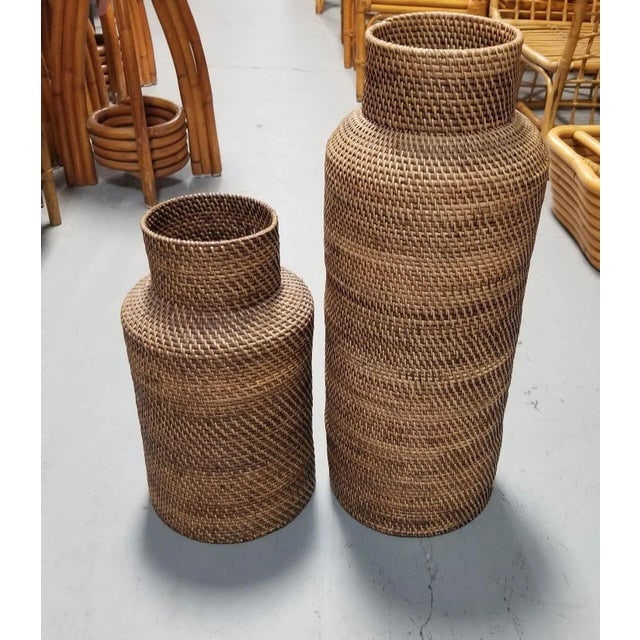 1970s Restored Gabriella Crespi Style Reed Rattan Wicker Decorative Vases- Set of 2 - 2
