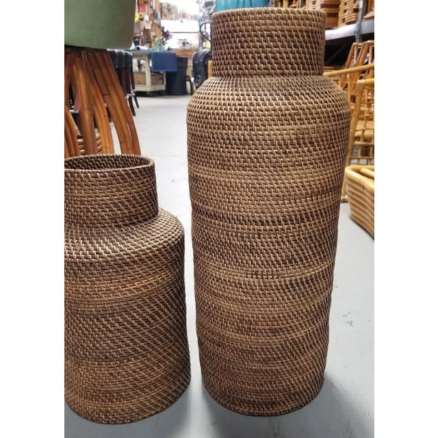 1970s Restored Gabriella Crespi Style Reed Rattan Wicker Decorative Vases- Set of 2 - 4