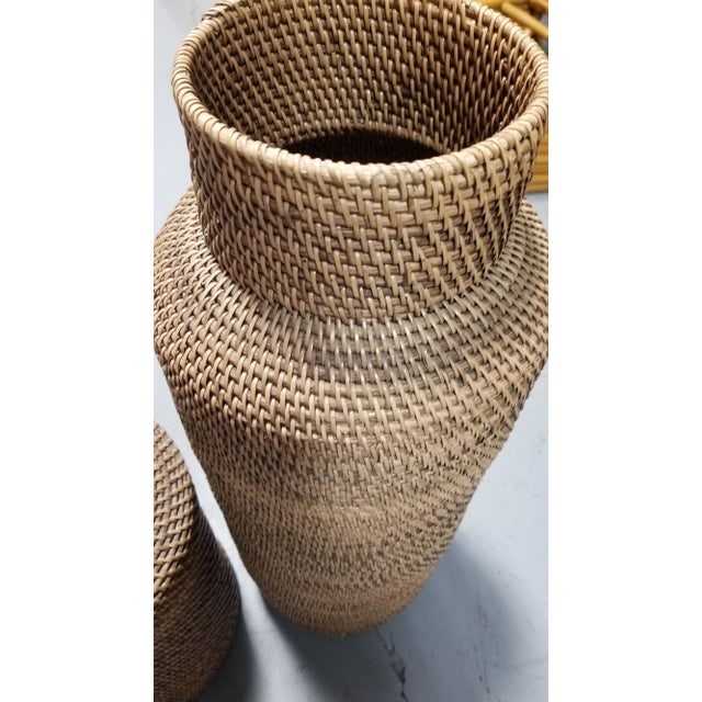 1970s Restored Gabriella Crespi Style Reed Rattan Wicker Decorative Vases- Set of 2 - 5