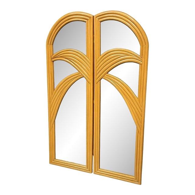 1930s Restored Art Deco Palm Frond Design Rattan Mirror Folding Screen (1 of 6)