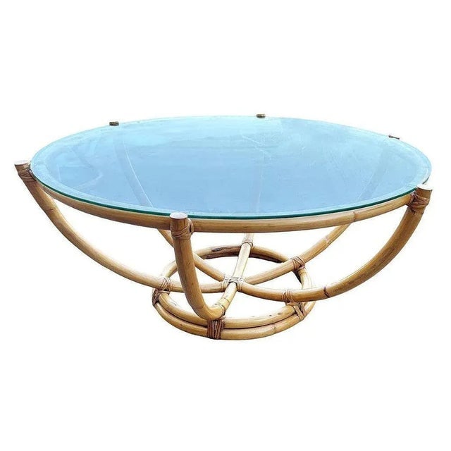 1940s Restored Mid-Century Rattan Six Strand Round Glass Top Spidal Coffee Table - 2
