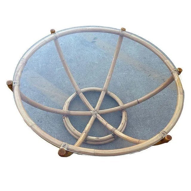 1940s Restored Mid-Century Rattan Six Strand Round Glass Top Spidal Coffee Table - 3