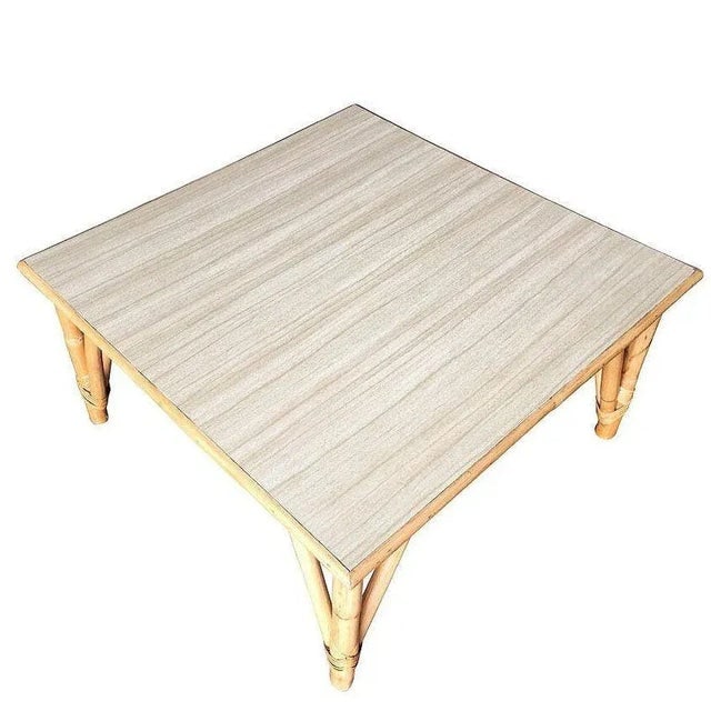 1950s Restored Mid-Century Large Square Rattan Coffee Table With Formica Top - 2