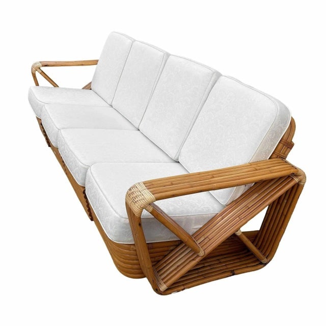 1940s Original Hand Made Rattan by Paul Frankl, His Historic Multi-Strand Square Pretzel Sofa and - 11