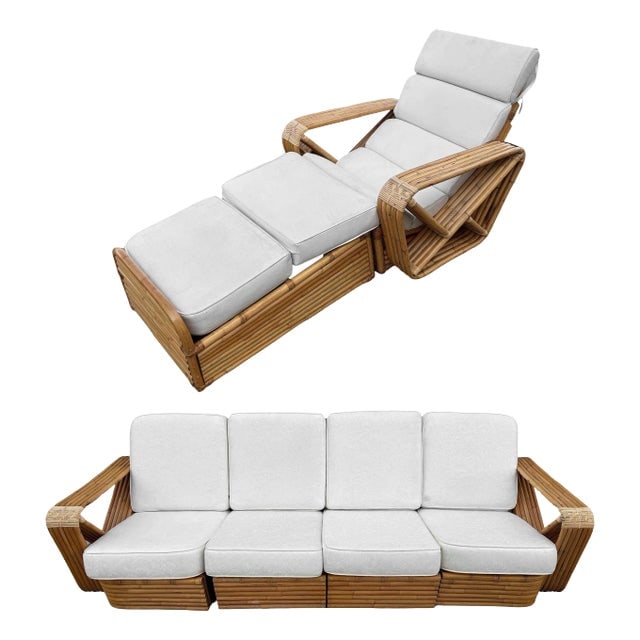 1940s Original Hand Made Rattan by Paul Frankl, His Historic Multi-Strand Square Pretzel Sofa and: Title: 1940s Original Hand Made Rattan by Paul Frankl, His Historic Multi-Strand Square Pretzel Sofa and Chaise Lounge- 2 Pieces Description: A rare multi-strand set living room set. A museum-quality
