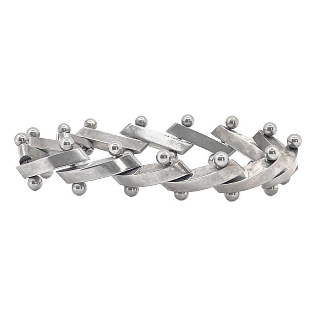 Mid-Century Heavy 925 Sterling Silver "Zig-Zag" Nuts Balls Links Bar Bracelet (1 of 8)