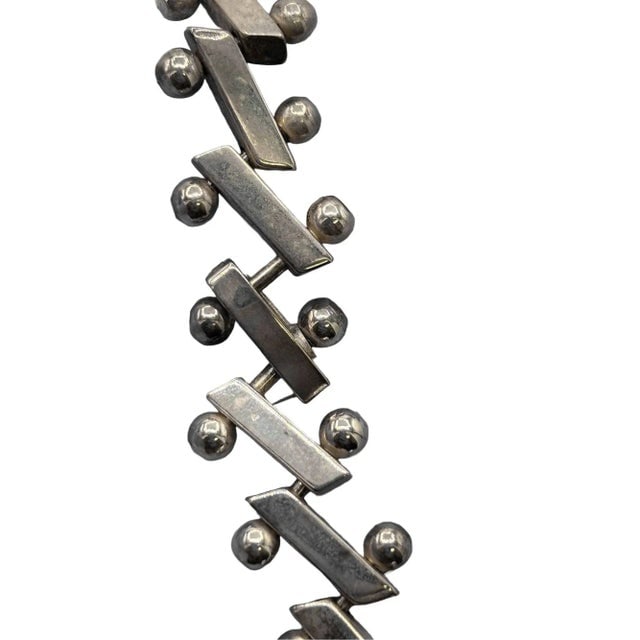 Mid-Century Heavy 925 Sterling Silver "Zig-Zag" Nuts Balls Links Bar Bracelet - 7