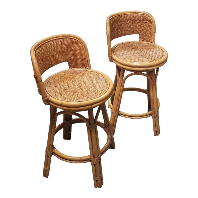 Restored Rattan & Wicker Swivel Bar Stool Set of 2 (1 of 7)