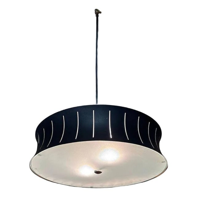 1950s Restored Mid-Century Googie Drum Pendent Black and White Chandelier Lighting (1 of 7)