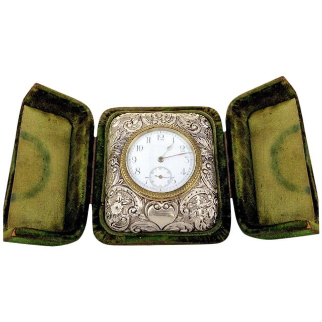 Antique Victorian Silver Embossed Bed Side Clock by Douglas Clock Company (1 of 6)