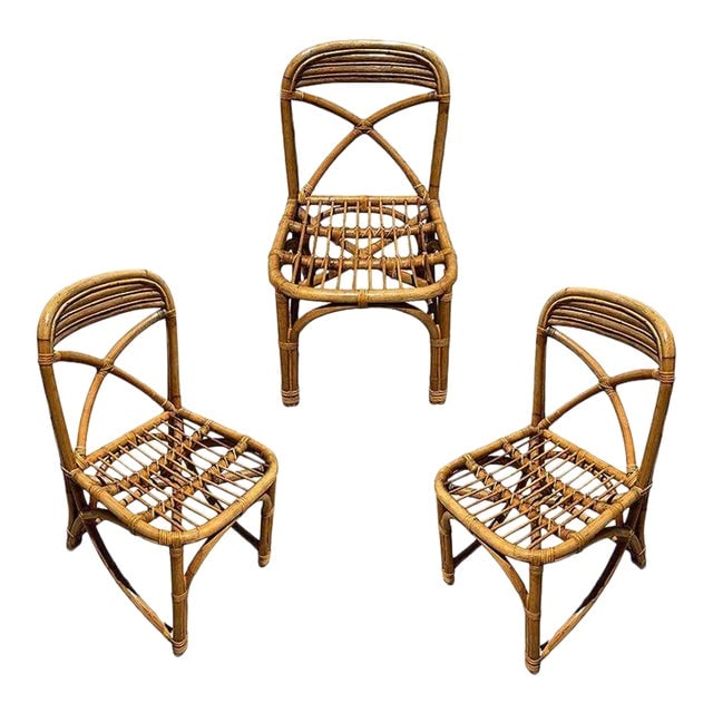 1950s Restored Mid-Century Rattan Dining Side Chairs With "X" Back- Set of 3 (1 of 8)