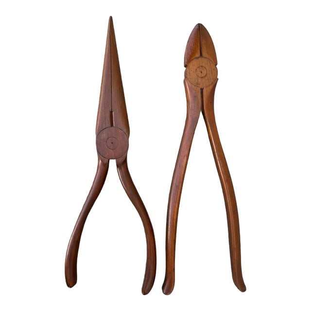 Early 1900s Rustic Edwardian Mahogany Needlenose and Cutting Pliers Wall Art- Set of 2 (1 of 7)