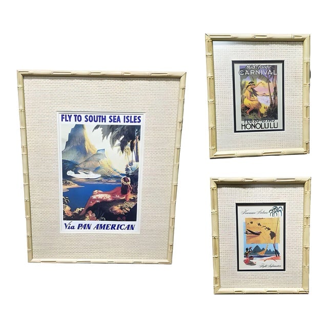 20th Century Hawaiian Travel Posters in Bamboo Frame, Set of 3: Title: 20th Century Hawaiian Travel Posters in Bamboo Frame, Set of 3 Description: Enhance your space with a curated collection of 3 vintage Art Deco Hawaiian travel posters, beautifully presented in