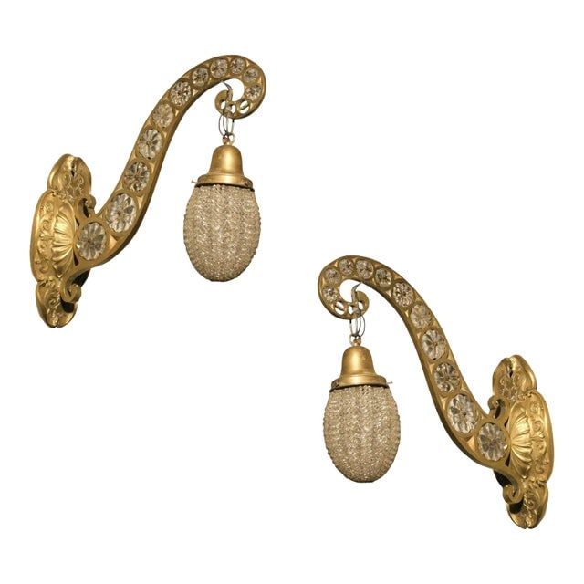 1930s Hollywood Regency Brass and Crystal Beaded Sconce, Pair (1 of 5)