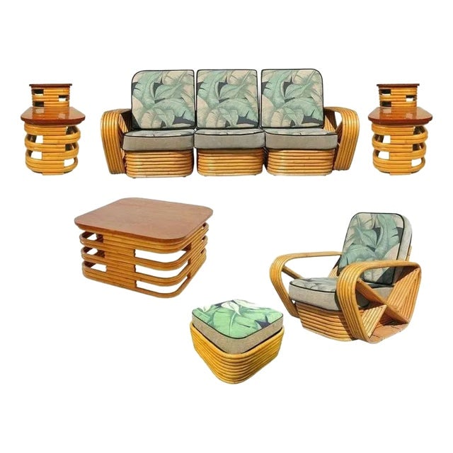Restored Six-Strand Square Pretzel Frankl Rattan & Mahogany Living Room Set: Title: Restored Six-Strand Square Pretzel Frankl Rattan & Mahogany Living Room Set Description: This beautifully restored rattan blends style and vintage charm with modern comfort. Paul Frankl-style