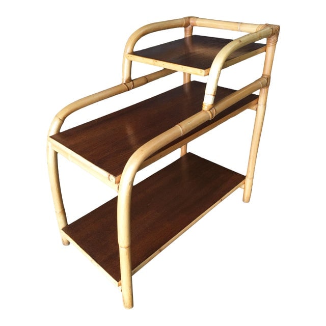 Restored Vintage Rattan Side Lamp Table With Three-Tier Mahogany Tops: Title: Restored Vintage Rattan Side Lamp Table With Three-Tier Mahogany Tops Description: Restored rattan side table with 3-tier mahogany tops and loop arching table legs. The top 3rd tier is perfect 