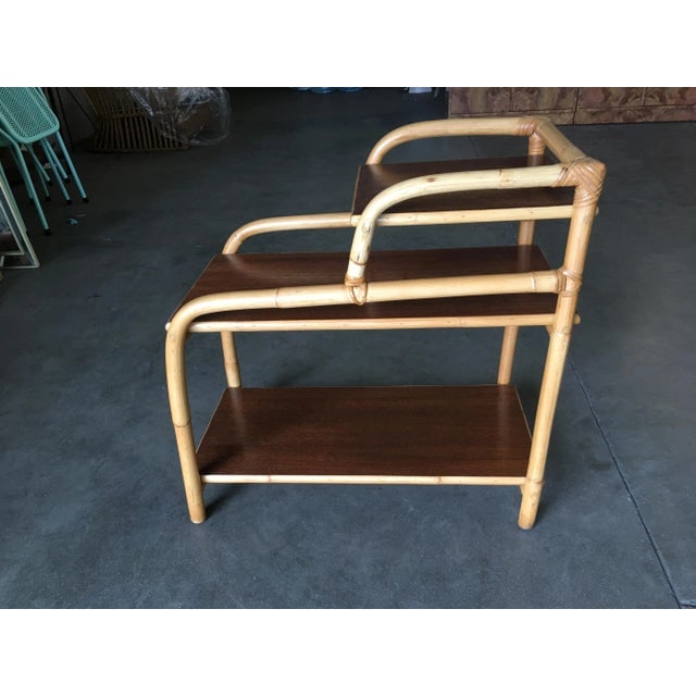 Restored Vintage Rattan Side Lamp Table With Three-Tier Mahogany Tops - 3