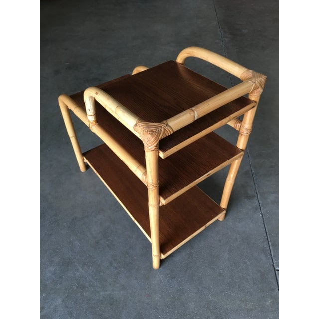 Restored Vintage Rattan Side Lamp Table With Three-Tier Mahogany Tops - 4