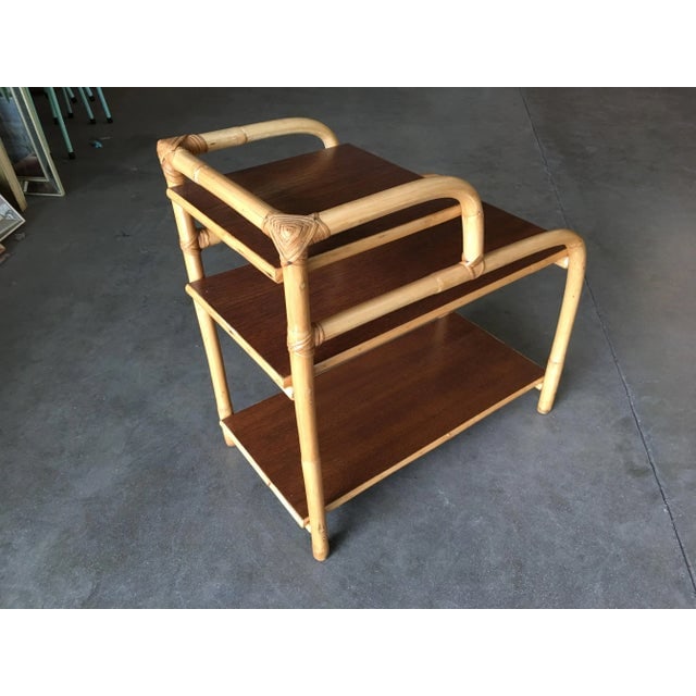 Restored Vintage Rattan Side Lamp Table With Three-Tier Mahogany Tops - 5