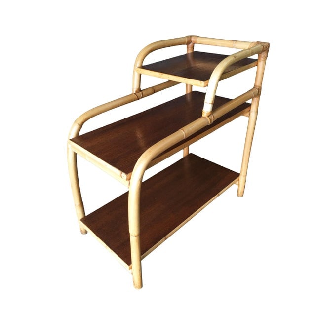 Restored Vintage Rattan Side Lamp Table With Three-Tier Mahogany Tops - 7