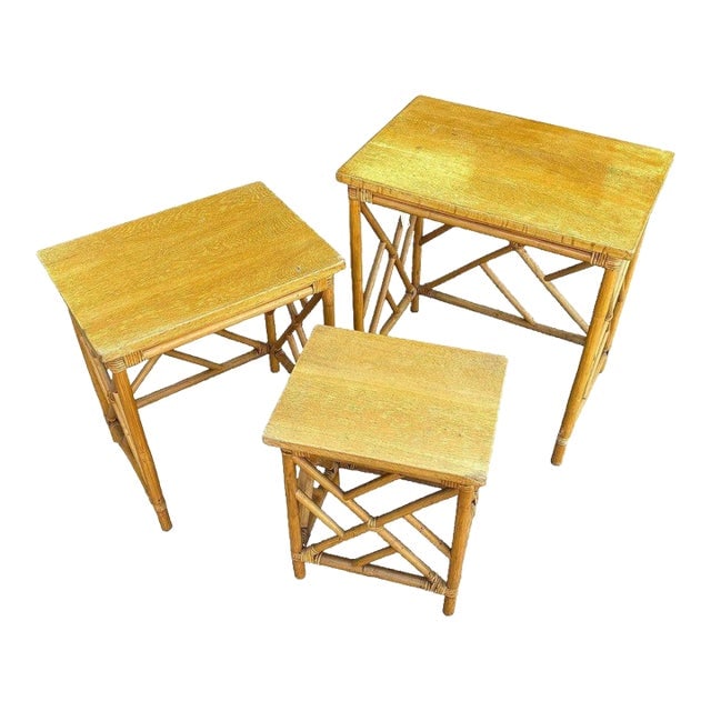 1950s Restored Mid-Century Set of 3 Rattan Nesting Side Tables W/ Mahogany Top (1 of 9)