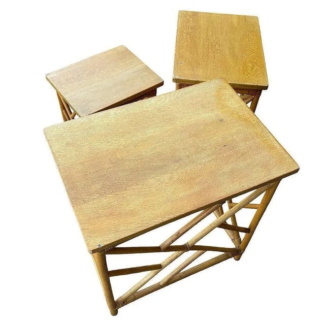 1950s Restored Mid-Century Set of 3 Rattan Nesting Side Tables W/ Mahogany Top - 3