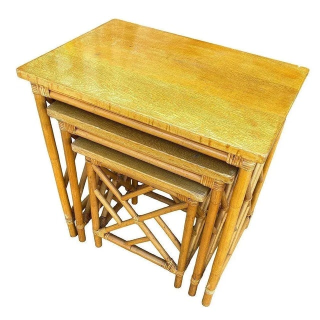 1950s Restored Mid-Century Set of 3 Rattan Nesting Side Tables W/ Mahogany Top - 4