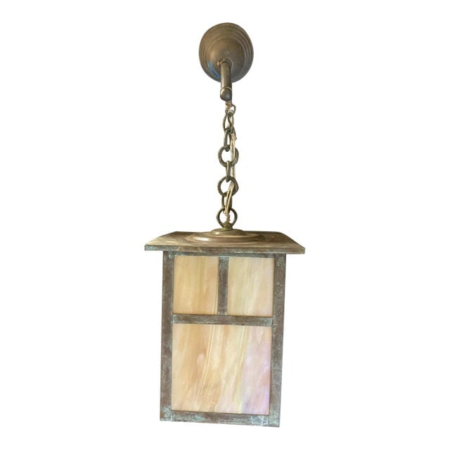 Arts and Crafts Bronze Sconce on Chain With Iridescent Art Glass Shade: Title: Arts and Crafts Bronze Sconce on Chain With Iridescent Art Glass Shade Description: Arts and crafts bronze pendant light sconce¬†on chain w/ iridescent art glass shade featuring bron