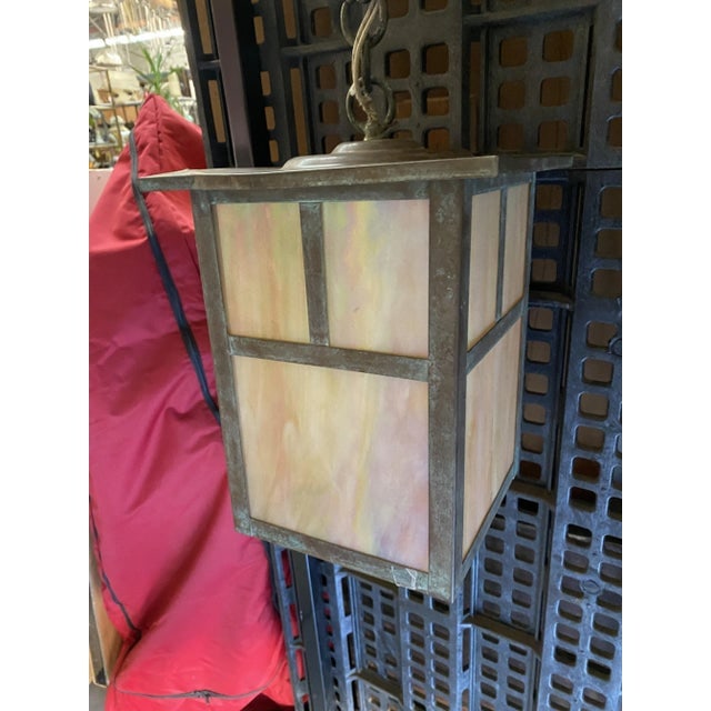 Arts and Crafts Bronze Sconce on Chain With Iridescent Art Glass Shade - 2