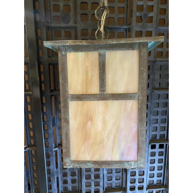Arts and Crafts Bronze Sconce on Chain With Iridescent Art Glass Shade - 3