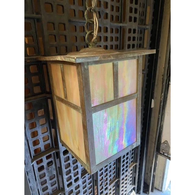 Arts and Crafts Bronze Sconce on Chain With Iridescent Art Glass Shade - 4