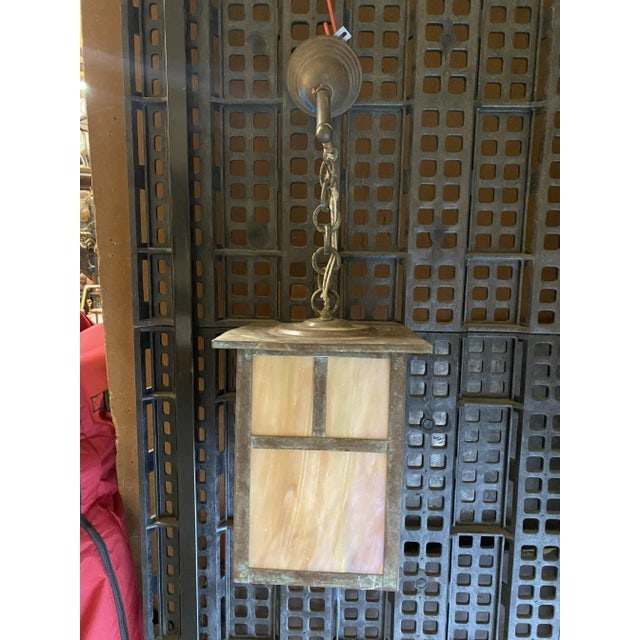 Arts and Crafts Bronze Sconce on Chain With Iridescent Art Glass Shade - 6