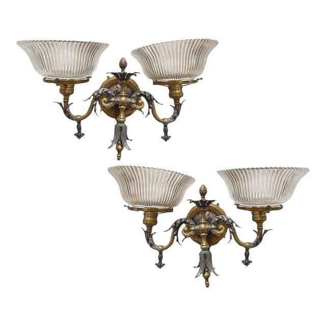 1900s Electrified Late Victorian Baroque Brass Gas Sconces With Shade, Pair (1 of 5)