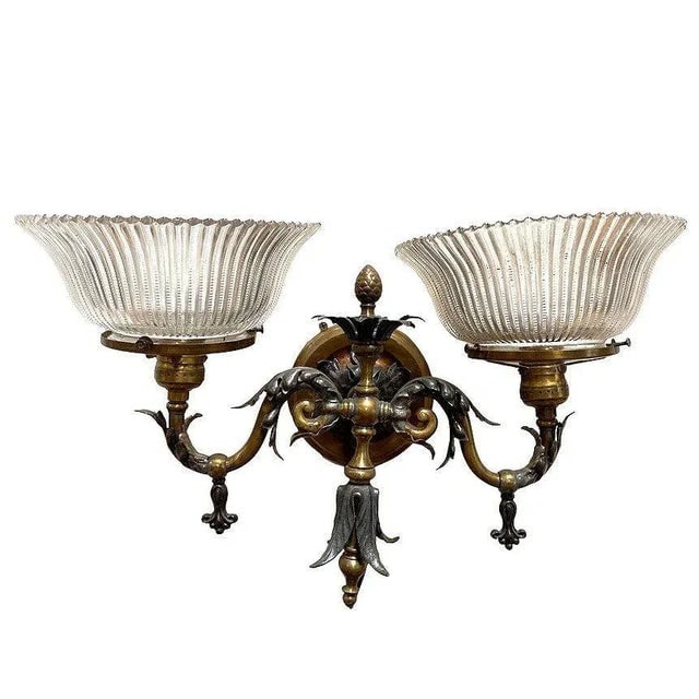 1900s Electrified Late Victorian Baroque Brass Gas Sconces With Shade, Pair - 3