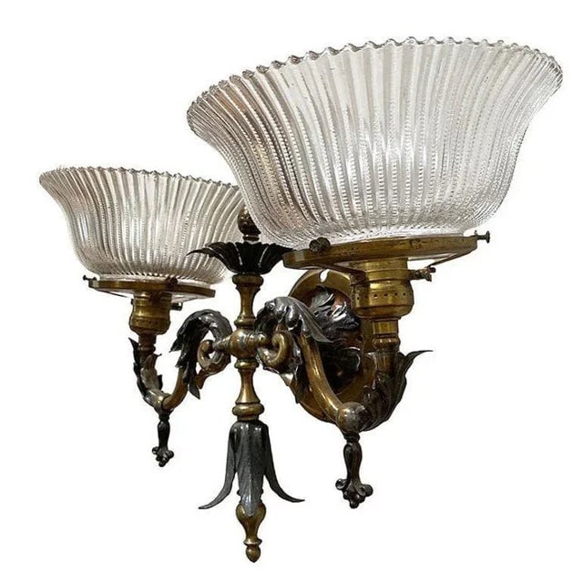 1900s Electrified Late Victorian Baroque Brass Gas Sconces With Shade, Pair - 4