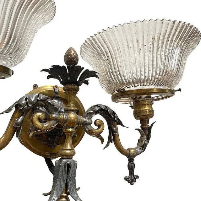 1900s Electrified Late Victorian Baroque Brass Gas Sconces With Shade, Pair - 5