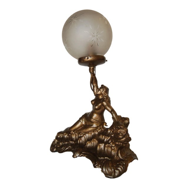 Gold-Tone Figure Grecian Female Speleter Lamp W/ Cut Crystal Globe (1 of 5)