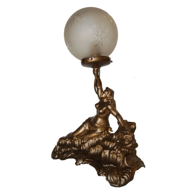 Gold-Tone Figure Grecian Female Speleter Lamp W/ Cut Crystal Globe - 5